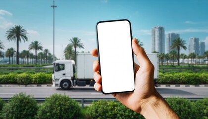 Hand Holding Smartphone with Blank Screen in Front of Truck and Cityscape.
