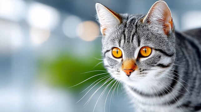 A close-up shot of a tabby cat with bright orange eyes, looking towards the camera. The background is blurred, creating a soft and dreamy atmosphere.