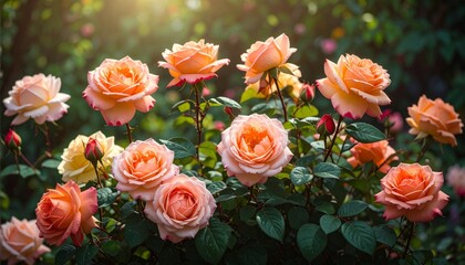 Peach roses blooming in lush garden.