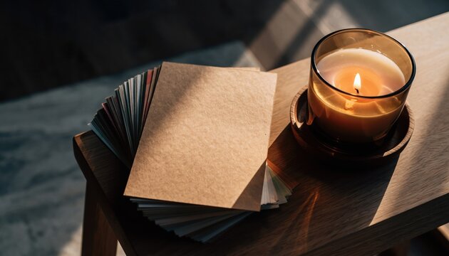 Stack of colorful blank paper notebooks on wooden surface beside a lit candle with soft light