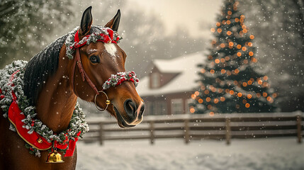 A horse in a winter setting, decorated for Christmas.