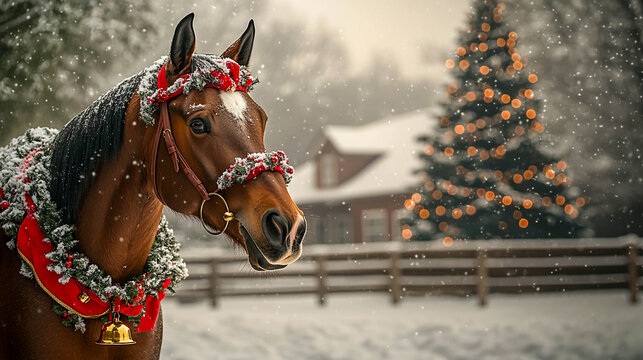 A horse in a winter setting, decorated for Christmas.