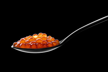 Black Spoon With Orange Roe Caviar On Black Background, Gourmet Seafood Appetizer, Elegant Presentation