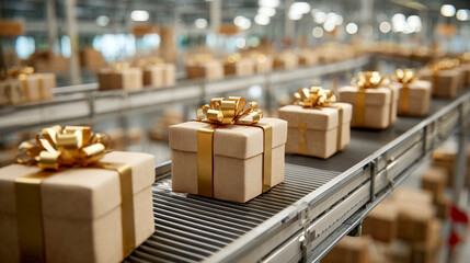 A production line with gift boxes decorated with gold ribbons and bows. The boxes move along the conveyor. Gifts, packaging, holidays, logistics, and business.
