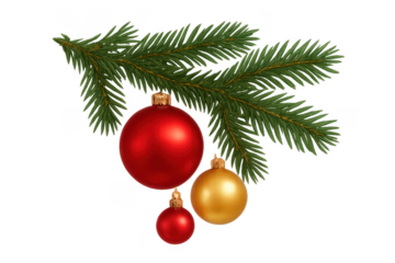 Christmas fir branch decorating with red gold ornaments