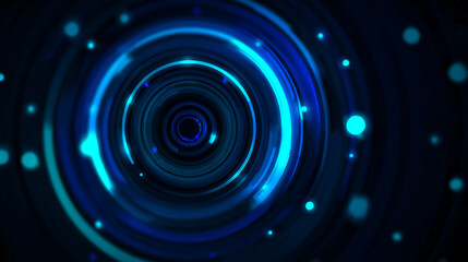Concentric circles and glowing blue elements on a dark background.