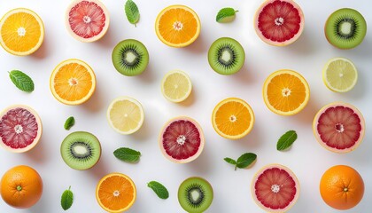 Colorful assortment of sliced fruits arranged in a modern flat lay.