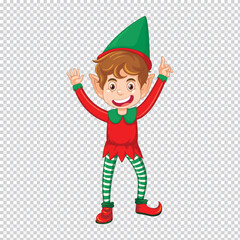 Joyful christmas elf wearing a pointed hat and striped trousers merrily celebrating the festive holiday season