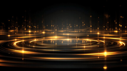 Golden glowing circles and highlights on a dark background. In the center, there are concentric waves that create a sense of energy, movement, and depth.