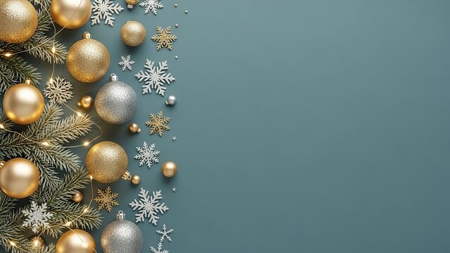 Christmas ornaments and snowflakes on a blue background with christmas tree branch and lights decor