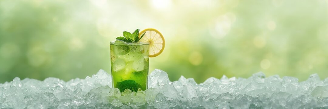 Green tea served over ice with lemon and mint, emphasizing refreshing beverage preparation