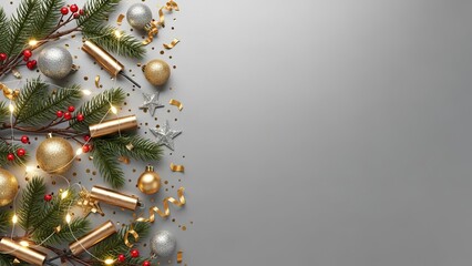 Festive christmas arrangement with ornaments, confetti, and lights on a gray surface view from above