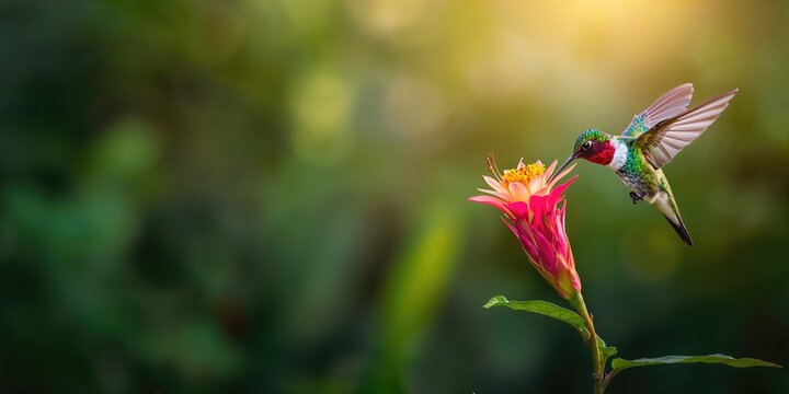 Hummingbird feeding on flower in a natural setting, emphasizing wildlife behavior, Earth Day