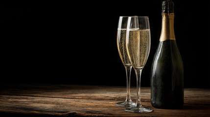 Elegant flutes of champagne stand beside a glistening bottle of bubbly, celebrating a special occasion. Perfect for festive celebrations.