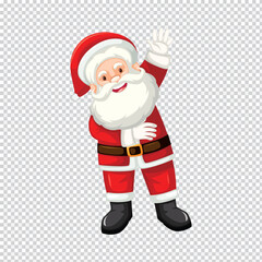 Joyful santa claus character with a friendly smile and raised hand in a festive red suit perfect for holiday designs