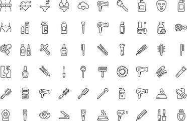 Beauty, skincare, and haircare line icons featuring grooming tools, cosmetics, styling accessories, personal care products, makeup brushes, dryers, and wellness essentials.