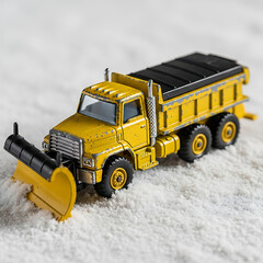Detailed Yellow Snow Plow Truck Toy on White Surface.