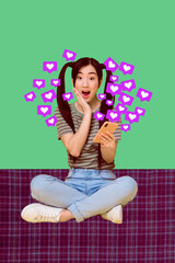 3d trendy vertical banner creative collage of happy girl guy receive like reaction popular blog concept valentine day donation