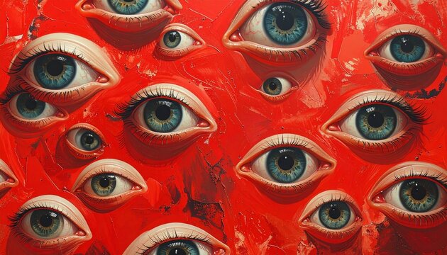 Many Eyes with Surreal Abstract, and Red Background. - Powered by Adobe
