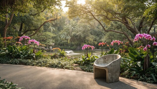 Orchid garden with sunlight and forest in tropics park, emphasizing seasonal growth during summer days