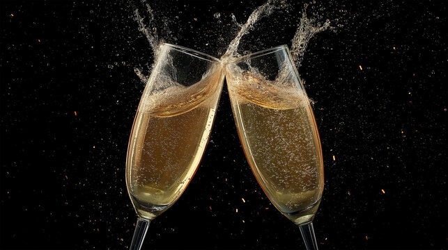 Two elegant champagne flutes collide in a celebratory toast, showcasing effervescent bubbles and a sparkling display, against a dark backdrop.