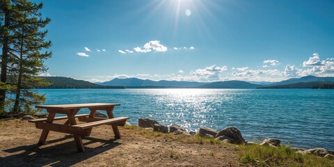 Picnic table set near a lake in a park on a sunny day, emphasizing outdoor leisure activities, Earth Day
