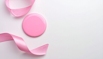 Pink badge and ribbon on white background.