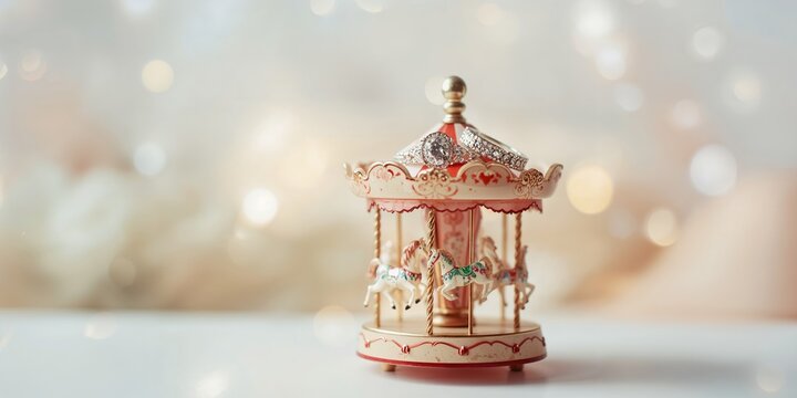 Wedding rings placed on a toy carousel with small horse figures, emphasizing playful wedding symbolism, World Wedding Day - Powered by Adobe