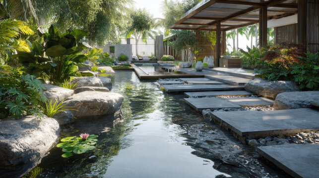 Luxurious tropical garden with a koi pond, water lily, large rocks, and stone stepping paths leading to a covered lounge area. A serene Zen resort environment - Powered by Adobe