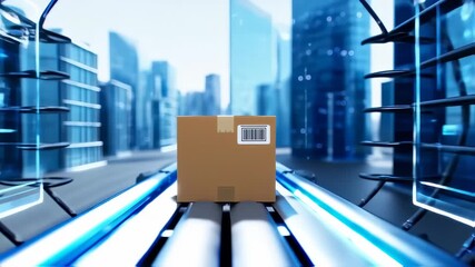 A cardboard box on a conveyor belt, surrounded by futuristic tech displays and a city in background - Powered by Adobe