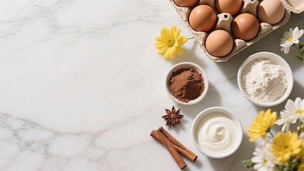 Fototapeta premium Top-down flat lay composition of baking ingredients on a light textured marble surface brown eggs in a paper carton, flour, cocoa powder, and a small bowl of white cream on right side.