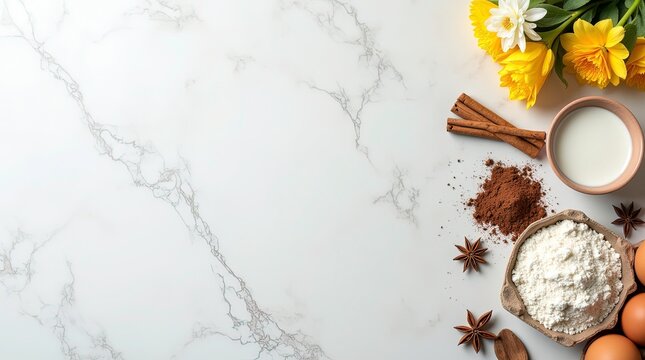 Top-down flat lay composition of baking ingredients on a light textured marble surface brown eggs in a paper carton, flour, cocoa powder, and a small bowl of white cream on right side. - Powered by Adobe