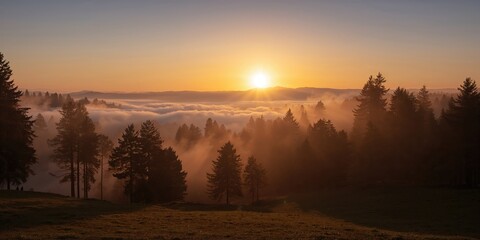 Golden sunset illuminating misty mountain range, emphasizing natural landscapes, Earth Day
