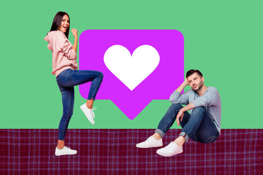 Contemporary image art collage of happy girl guy receive like reaction bubble notification social media influencer heart icon