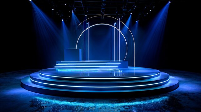 Stunning illuminated stage ready for a modern event or presentation with dynamic blue lighting for high impact visual appeal