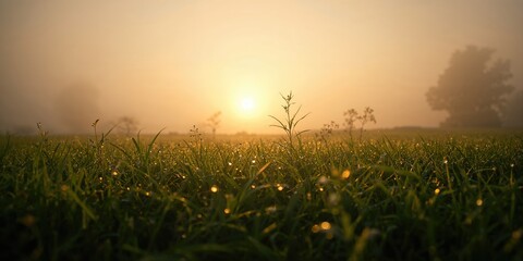 Dewy grass and silhouetted plants at sunrise, suitable for background use in nature-themed layouts