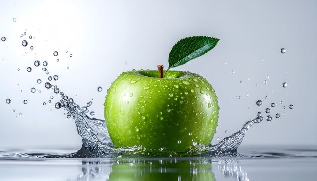 Green apple striking water with energetic splash motion