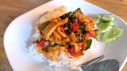 Thai Chicken Curry on Rice with Runny Fried Egg and Cucumber