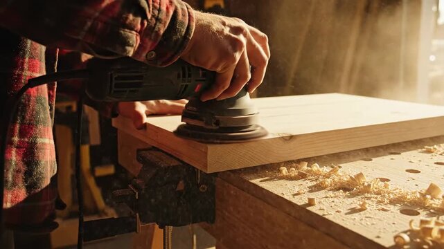 Craftsman Using Sander to Smooth and Perfecting a Timber Surface in Workshop Setting