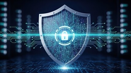 Safeguard your data with this digital shield featuring a glowing lock, symbolizing cyber security and data protection for a secure online presence and peace of mind