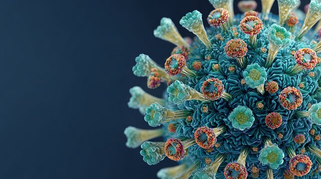 Detailed colorful microscopic view of virus cell for medical research or healthcare concepts, ideal for educational materials and awareness campaigns