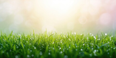 Fototapeta premium Close up of vibrant green grass with dew drops, emphasizing freshness for a spring morning, Earth Day