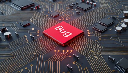 Red Bug Chip on a Circuit Board Representing a Software Glitch.