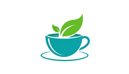 Teacup with Green Leaves on White.