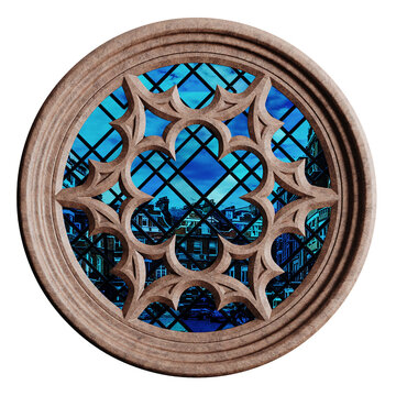 Stained glass window with a blue background and a cityscape