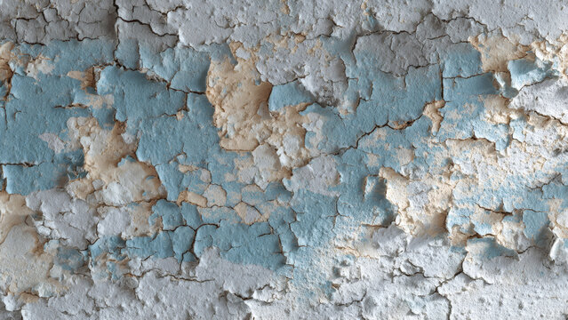 Weathered grunge background with layers of cracked and peeling blue and white paint on a rough plaster wall surface - Powered by Adobe