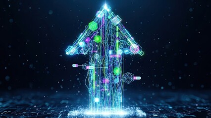 Dynamic data stream pointing upward, visualize growth and progress with vibrant technology, showing digital success for your business in the future