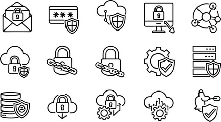 Comprehensive cybersecurity protection icon set featuring locks, shields, cloud security, encrypted servers, data safety, system protection, and secure network technology elements.