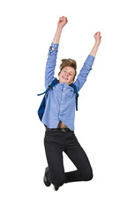 Young male student jumping high with arms raised in excitement, as carrying a backpack, celebrating the success at school or college. Full body length portrait isolated on transparent background