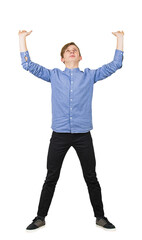 Young male stands strained with his arms raised, holding his palms up as supporting an invisible weight above head. Guy looking upward at the imaginary load with responsibility. Full body length